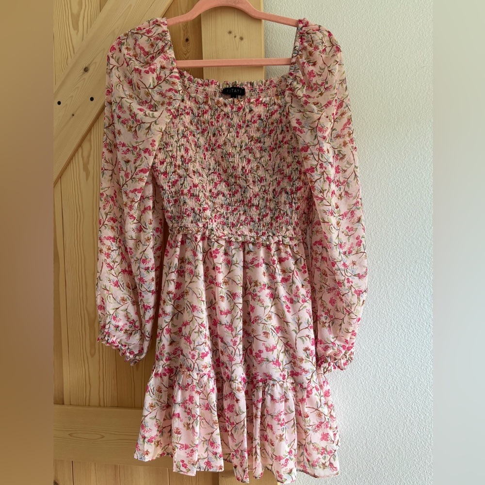 1.State Pink floral dress with long sleeves